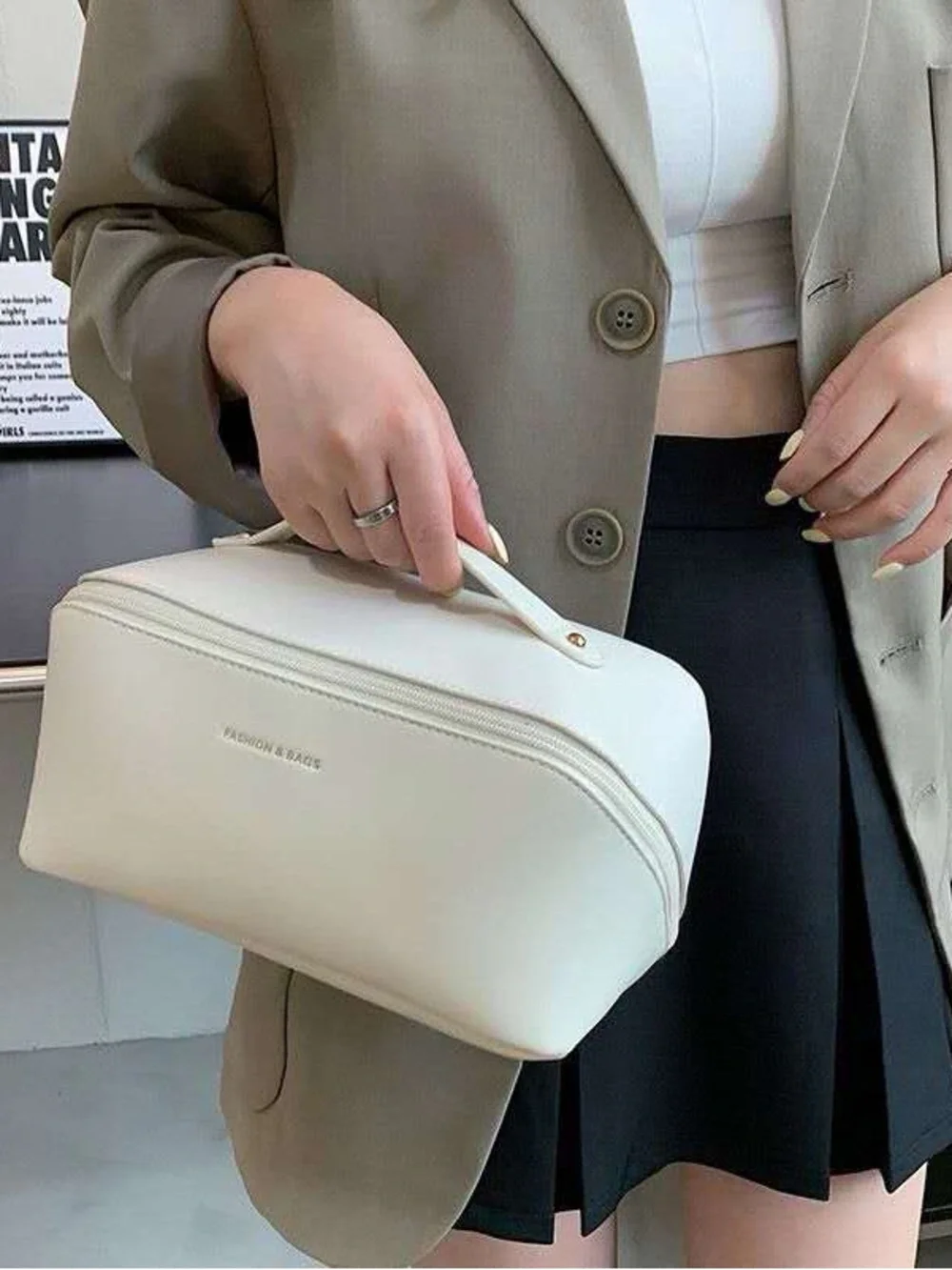 Cream Top-Handle Cosmetic Bag